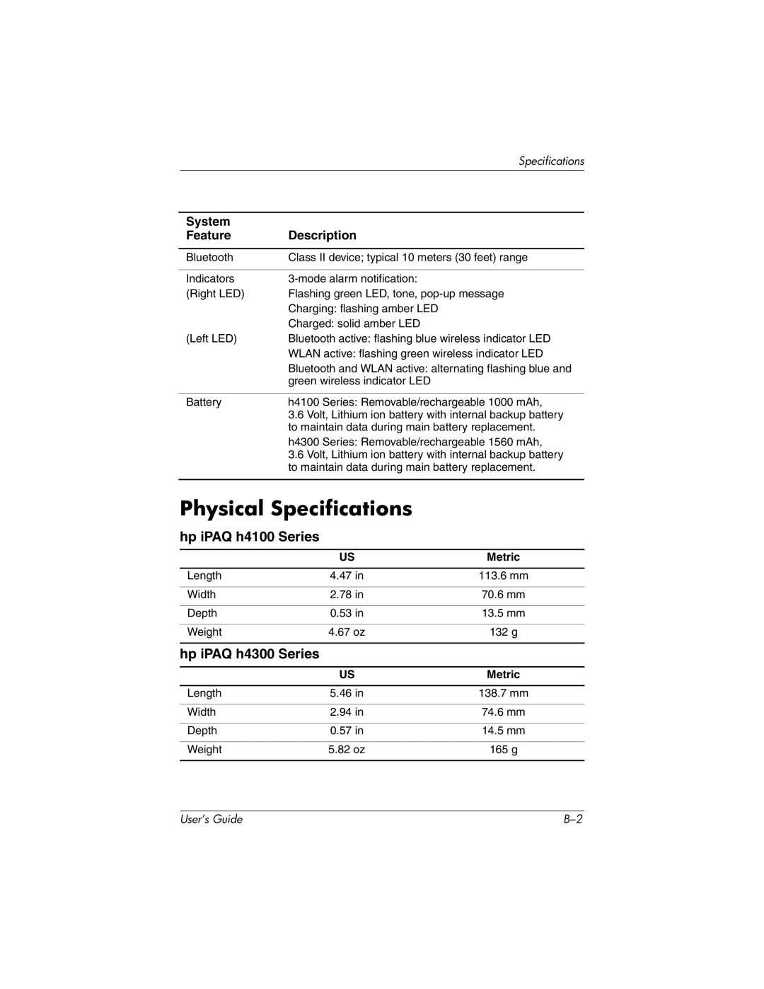 HP h4100 manual Physical Specifications 