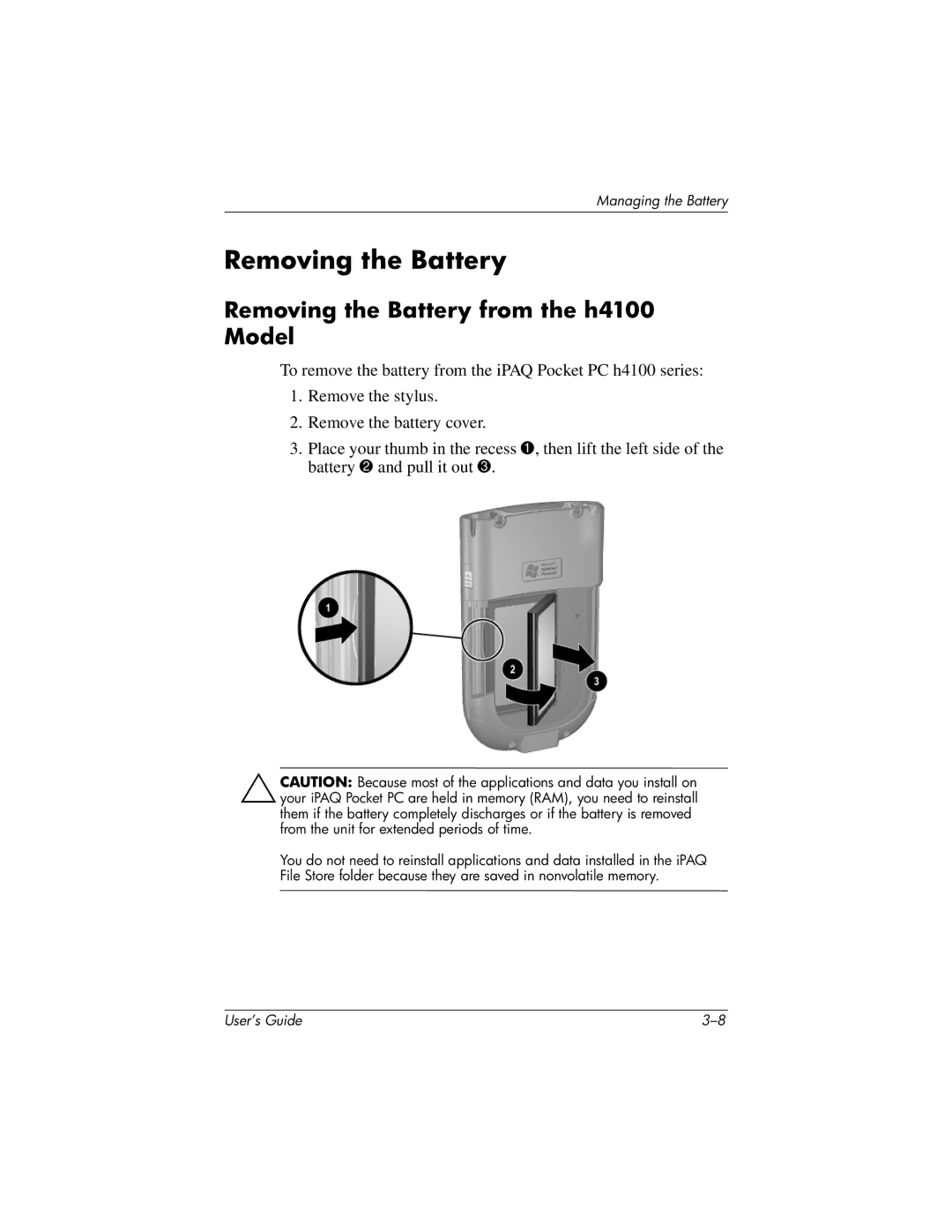 HP manual Removing the Battery from the h4100 Model 