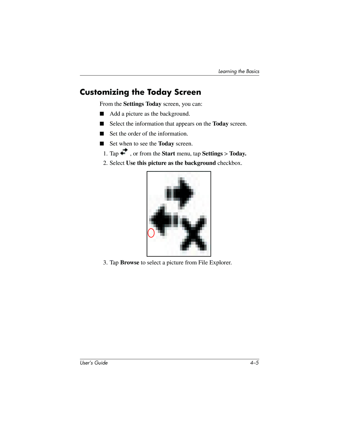 HP h4100 manual Customizing the Today Screen, Select Use this picture as the background checkbox 