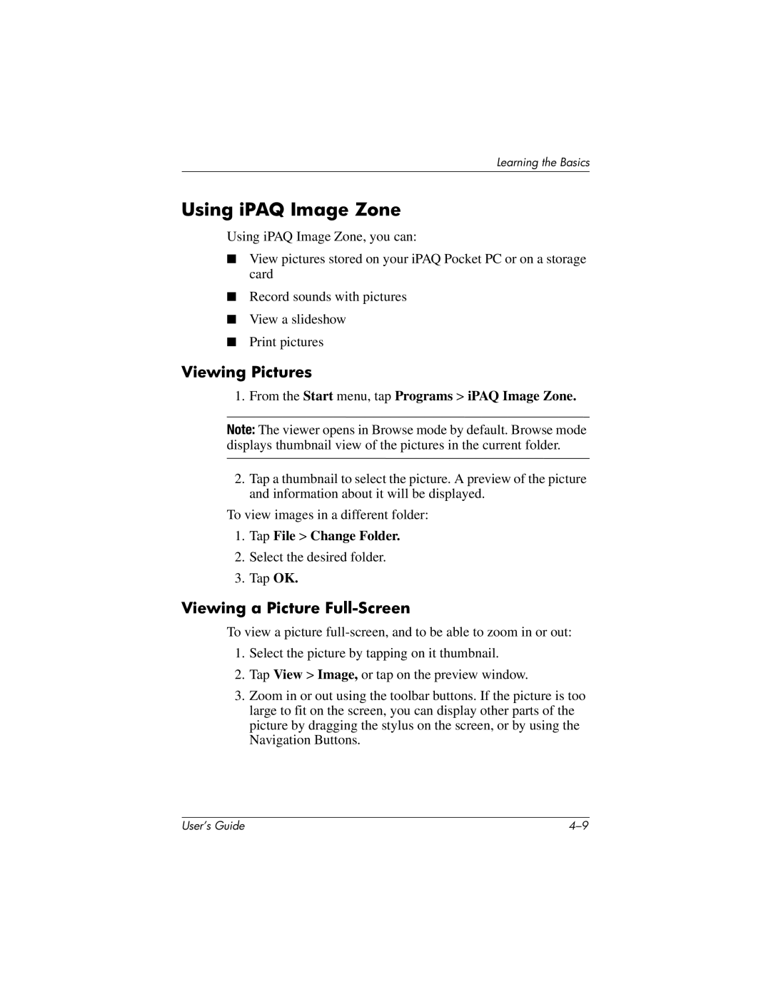 HP h4100 manual Using iPAQ Image Zone, Viewing Pictures, Viewing a Picture Full-Screen, Tap File Change Folder 