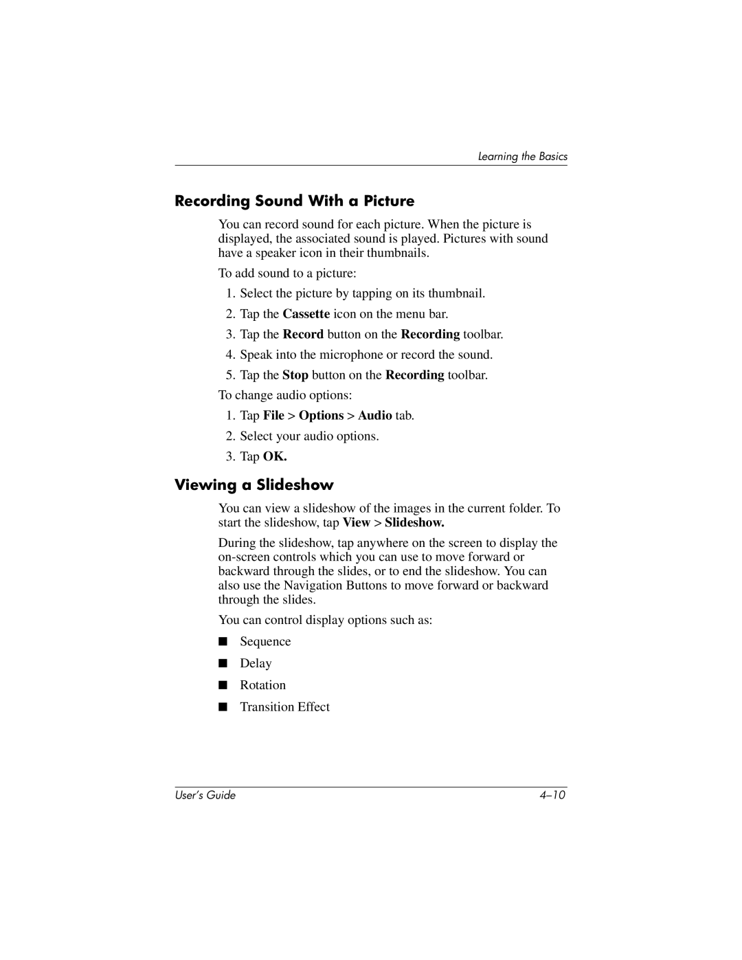 HP h4100 manual Recording Sound With a Picture, Viewing a Slideshow, Tap File Options Audio tab 