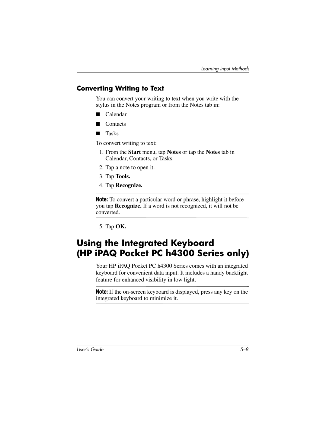 HP h4100 manual Converting Writing to Text, Tap Tools Tap Recognize 