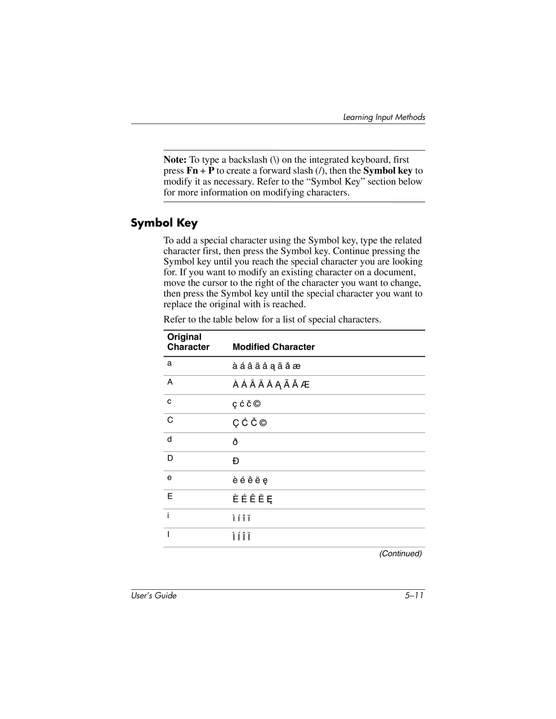 HP h4100 manual Symbol Key, Original Character Modified Character 