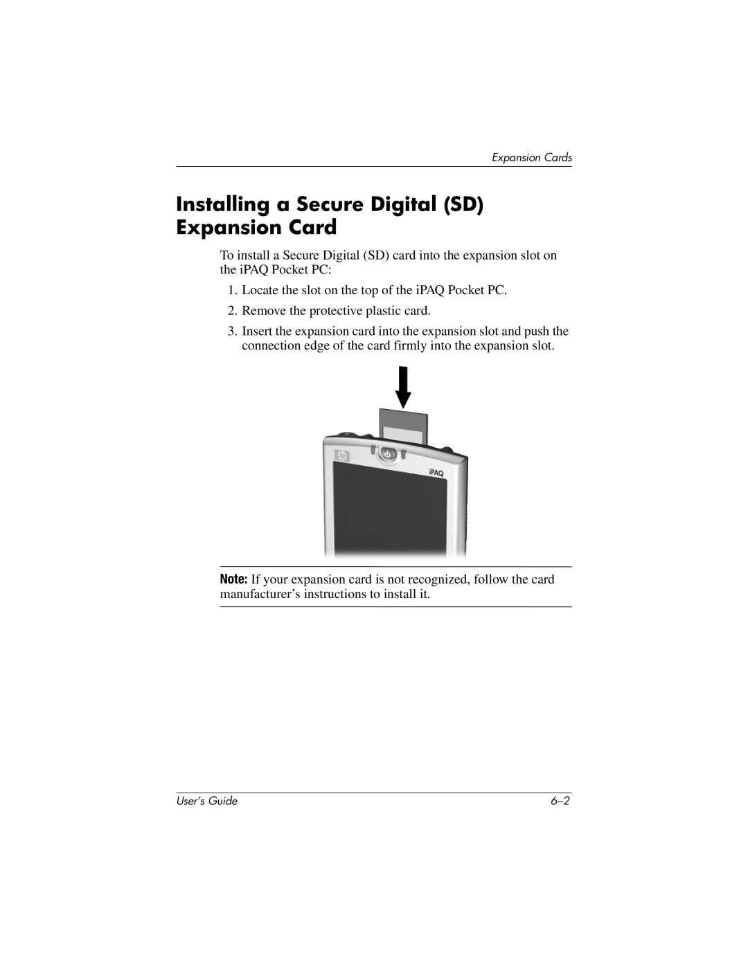 HP h4100 manual Installing a Secure Digital SD Expansion Card 