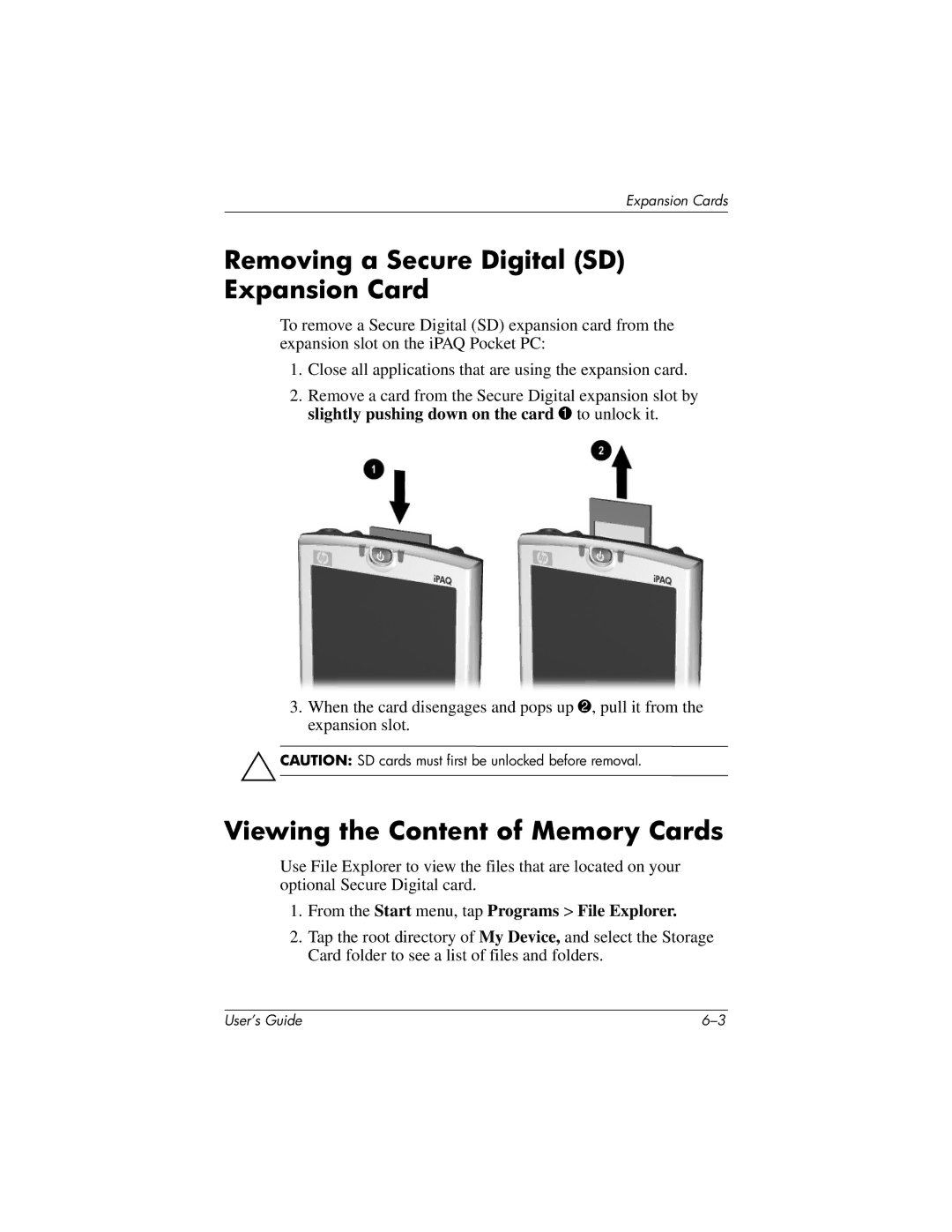 HP h4100 manual Removing a Secure Digital SD Expansion Card, Viewing the Content of Memory Cards 