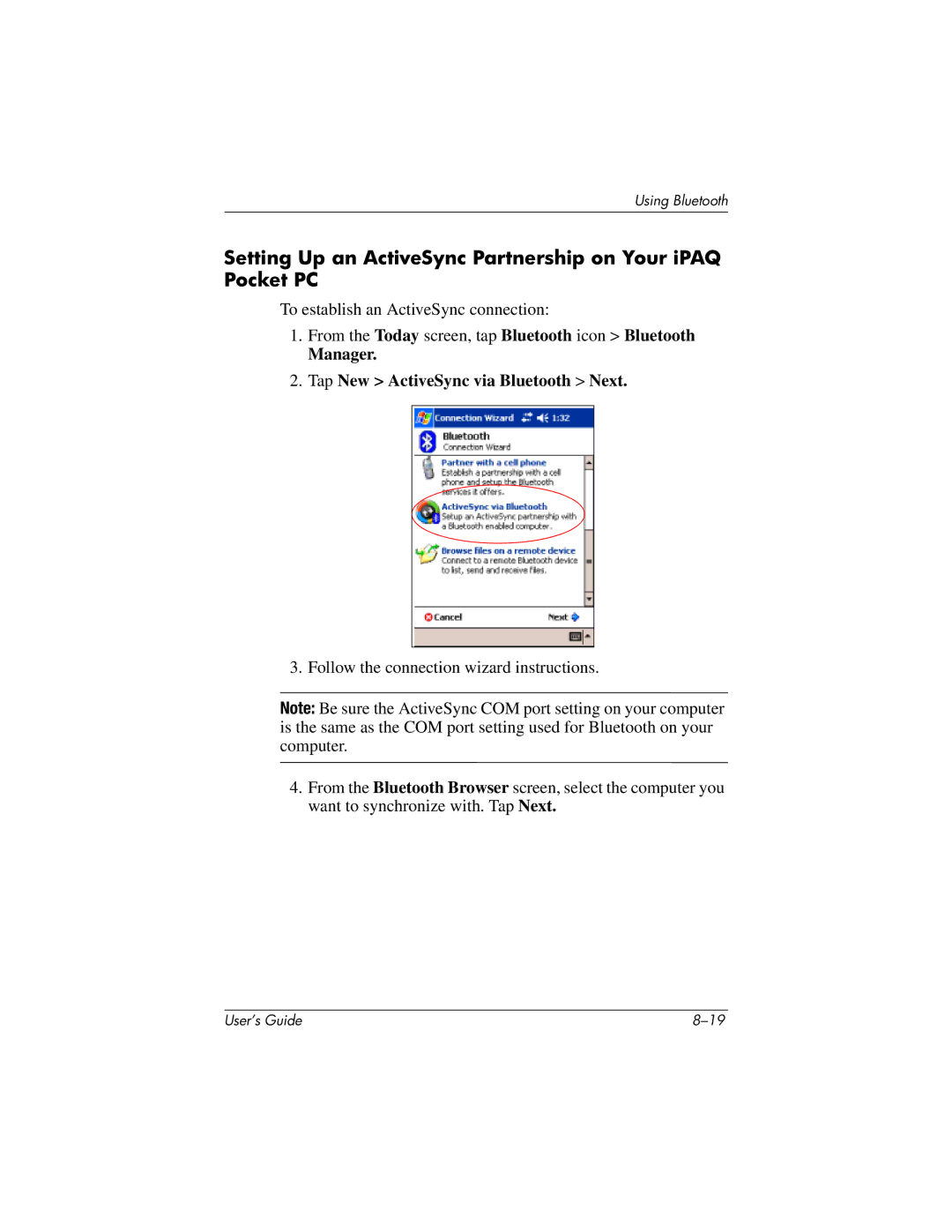 HP h4100 manual Setting Up an ActiveSync Partnership on Your iPAQ Pocket PC, Manager Tap New ActiveSync via Bluetooth Next 