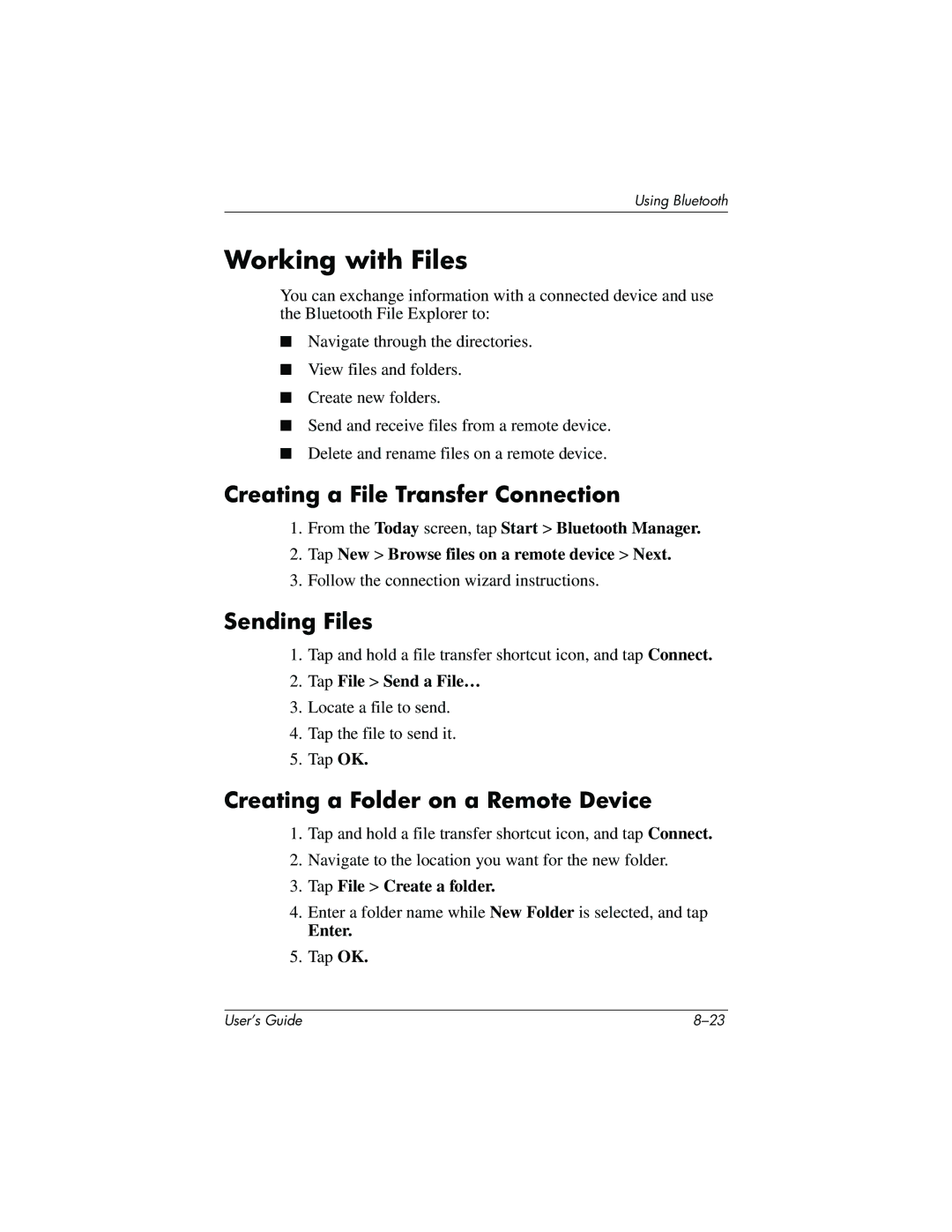 HP h4100 Working with Files, Creating a File Transfer Connection, Sending Files, Creating a Folder on a Remote Device 