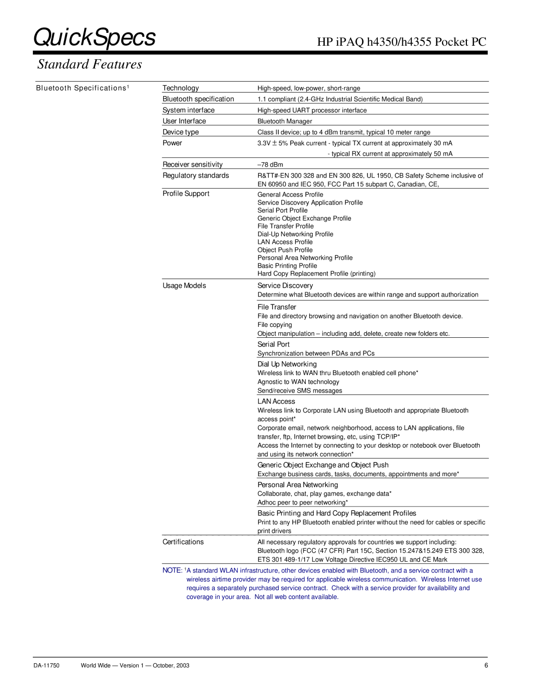 HP h4350 manual Bluetooth Specifications Technology, Bluetooth specification, System interface, User Interface, Device type 