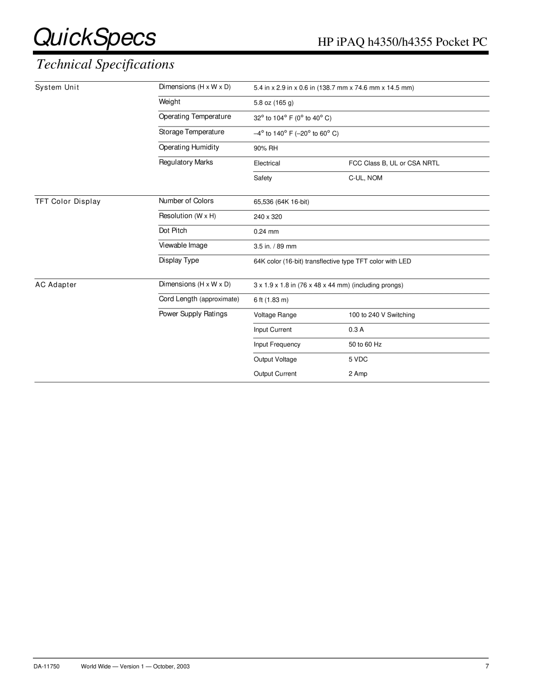 HP h4350 manual Technical Specifications 