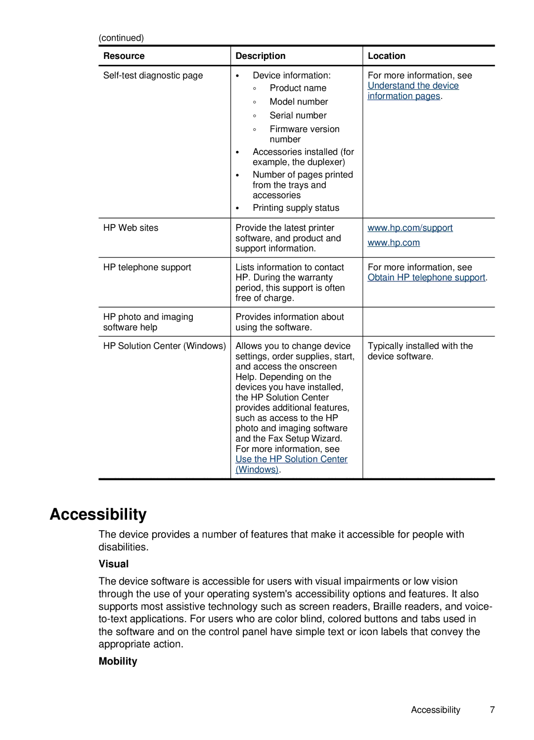 HP H470B Mobile Inkjet CB027A#B1H manual Accessibility, Visual, Mobility, Resource Description 