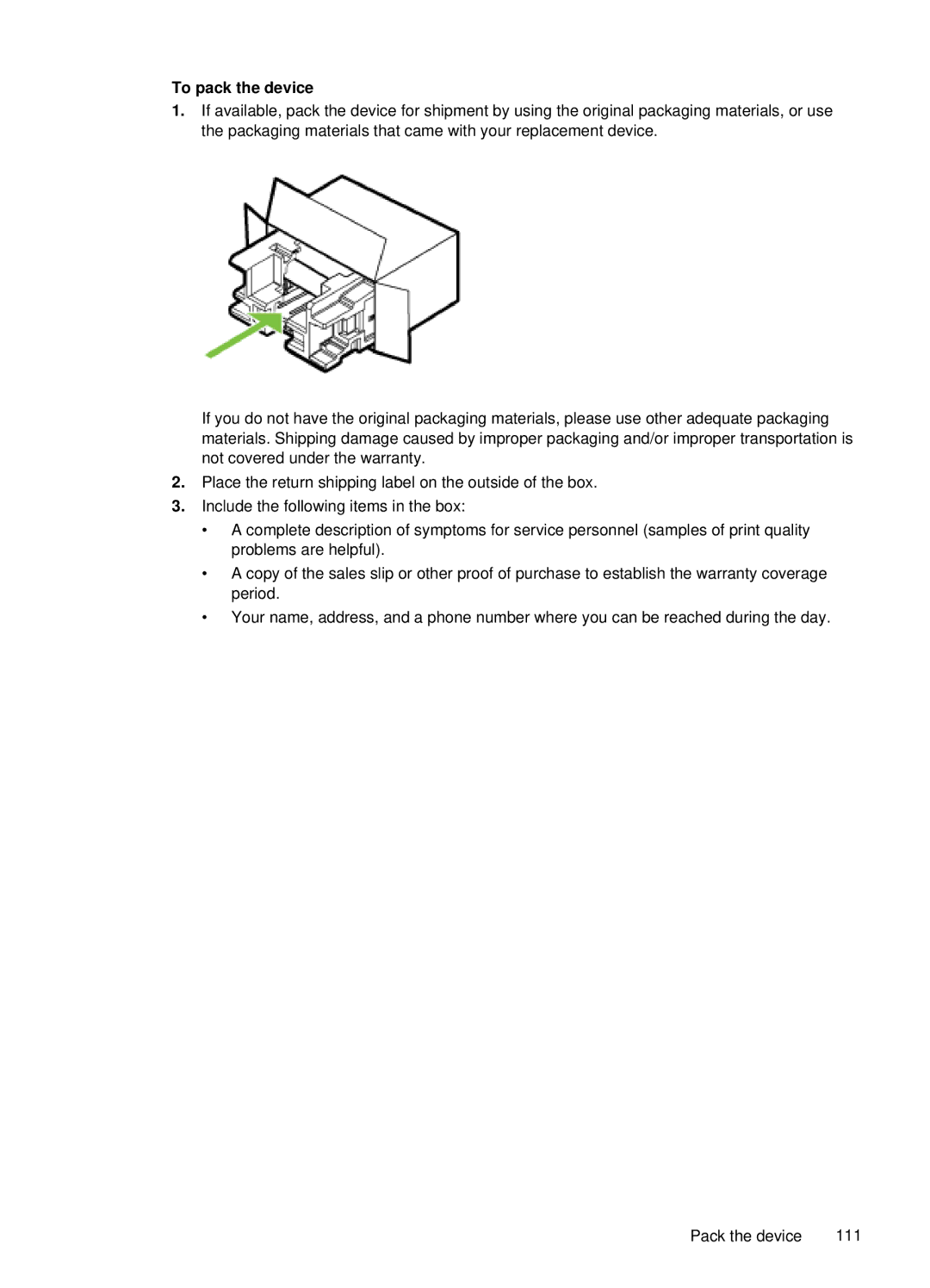 HP H470B Mobile Inkjet CB027A#B1H manual To pack the device 