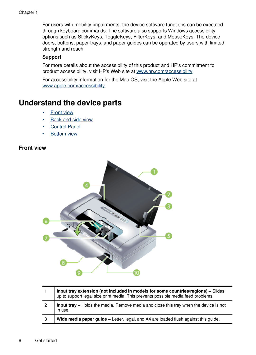 HP H470B Mobile Inkjet CB027A#B1H manual Understand the device parts, Front view, Support 