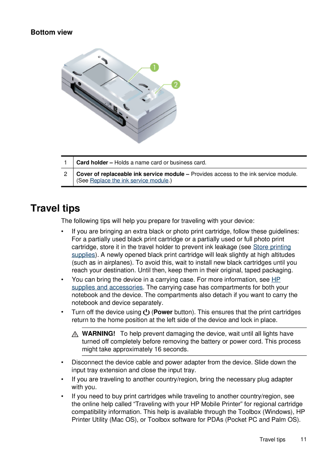 HP H470B Mobile Inkjet CB027A#B1H manual Travel tips, Bottom view 