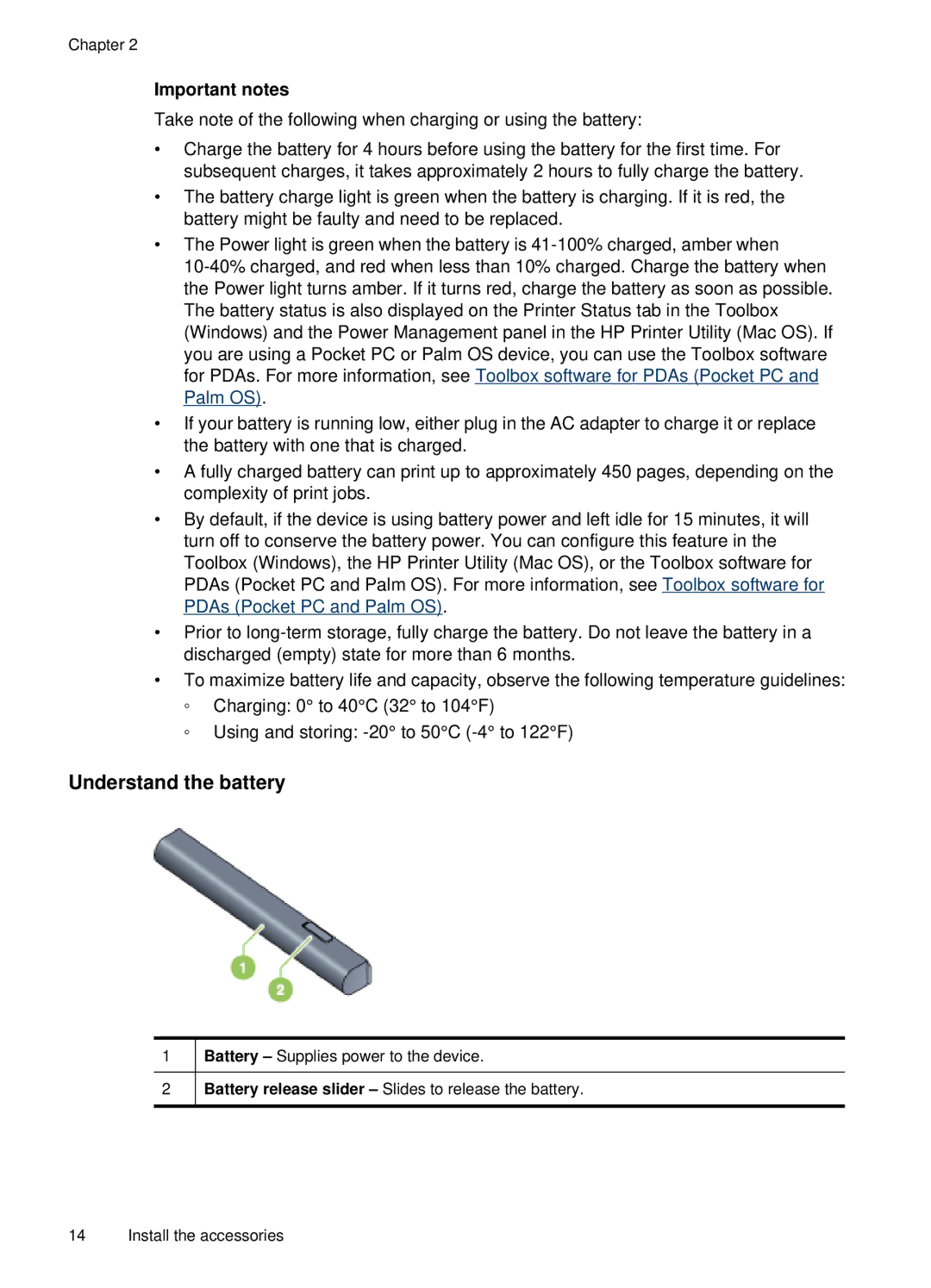 HP H470B Mobile Inkjet CB027A#B1H manual Understand the battery, Important notes 