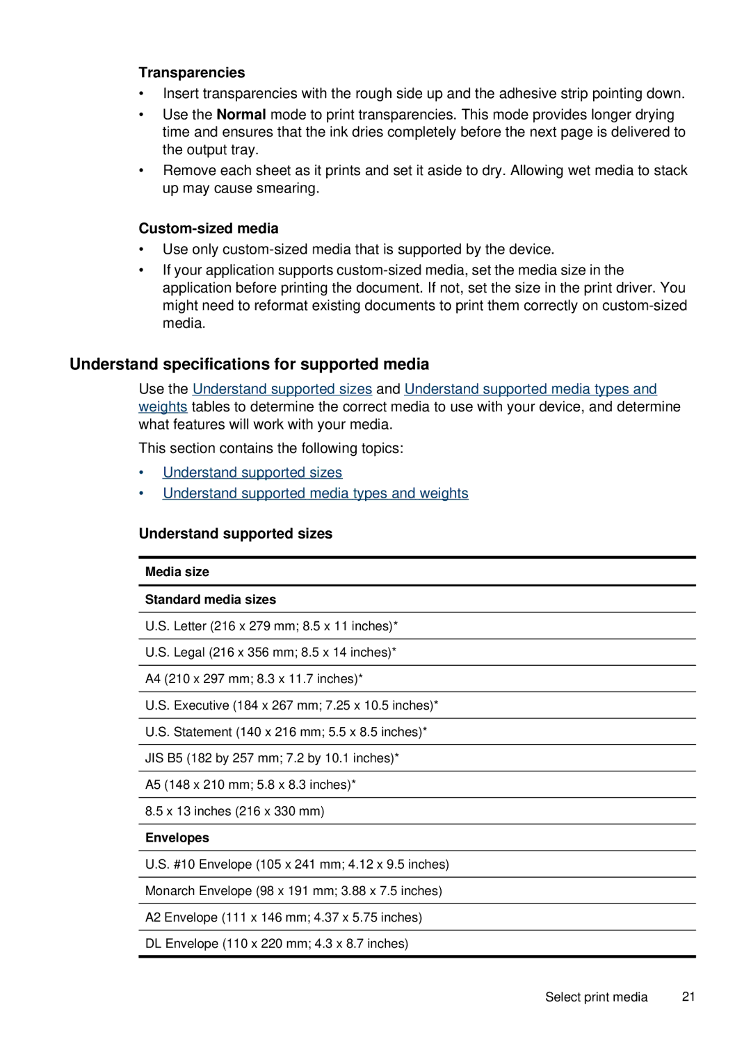 HP H470B Mobile Inkjet CB027A#B1H manual Understand specifications for supported media, Transparencies, Custom-sized media 