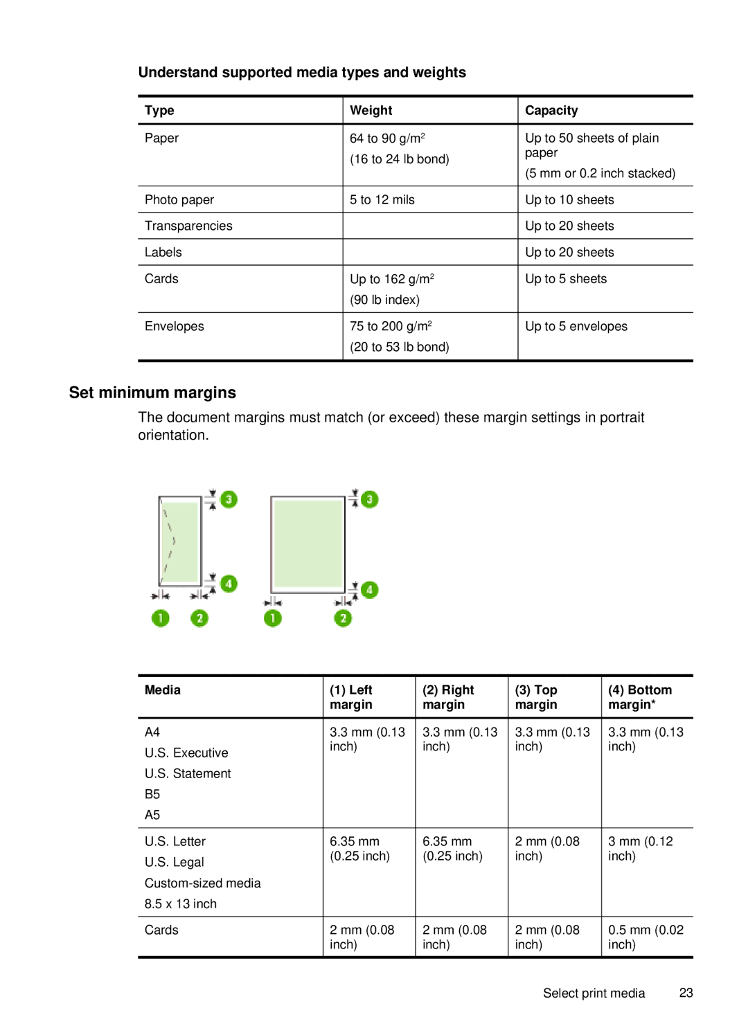 HP H470B Mobile Inkjet CB027A#B1H manual Set minimum margins, Understand supported media types and weights 