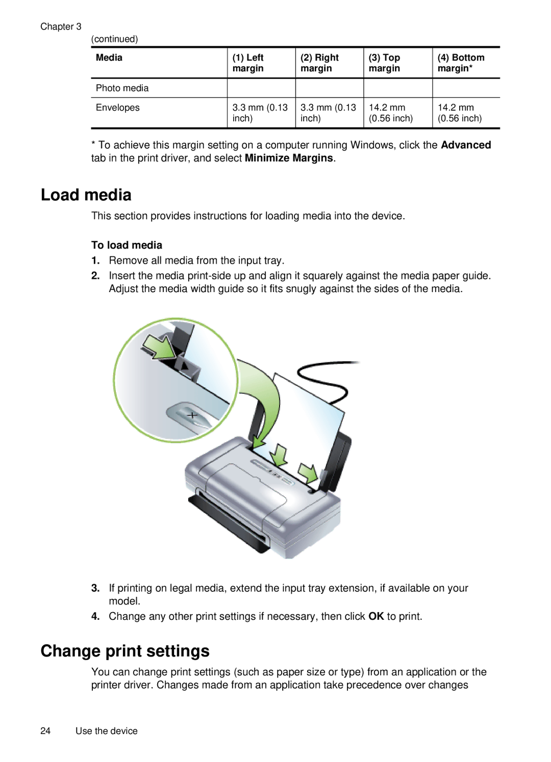 HP H470B Mobile Inkjet CB027A#B1H Load media, Change print settings, To load media, Media Left Right Top Bottom Margin 