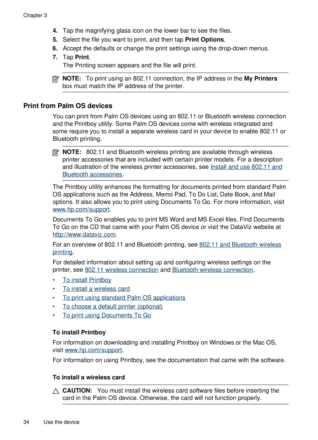 HP H470B Mobile Inkjet CB027A#B1H manual Print from Palm OS devices, To install Printboy, To install a wireless card 