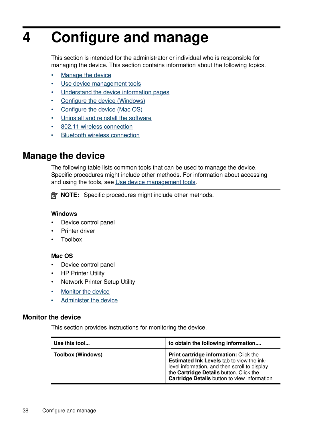 HP H470B Mobile Inkjet CB027A#B1H manual Configure and manage, Manage the device, Monitor the device, Windows, Mac OS 