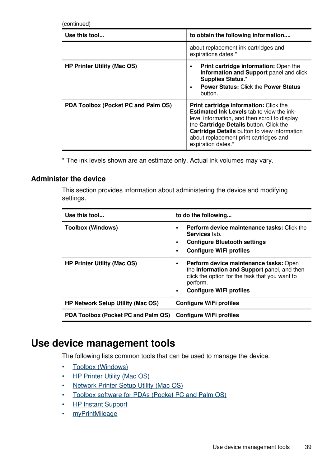 HP H470B Mobile Inkjet CB027A#B1H manual Use device management tools, Administer the device 