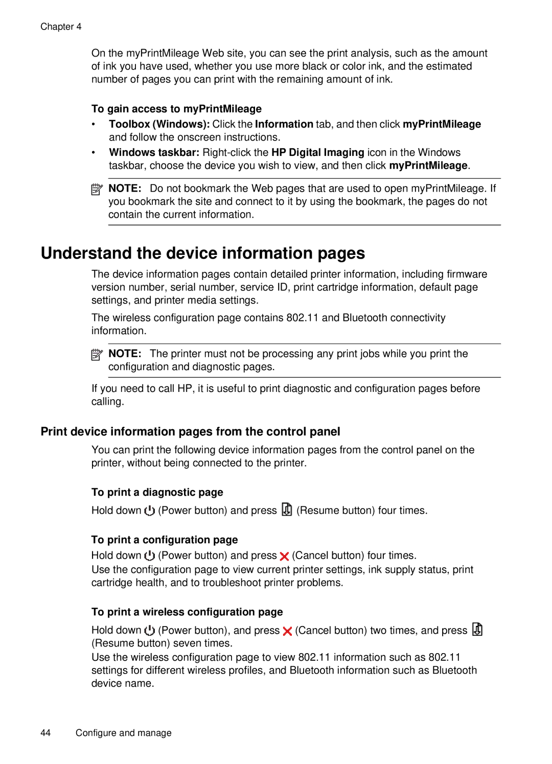 HP H470B Mobile Inkjet CB027A#B1H Understand the device information pages, To print a diagnostic, To print a configuration 