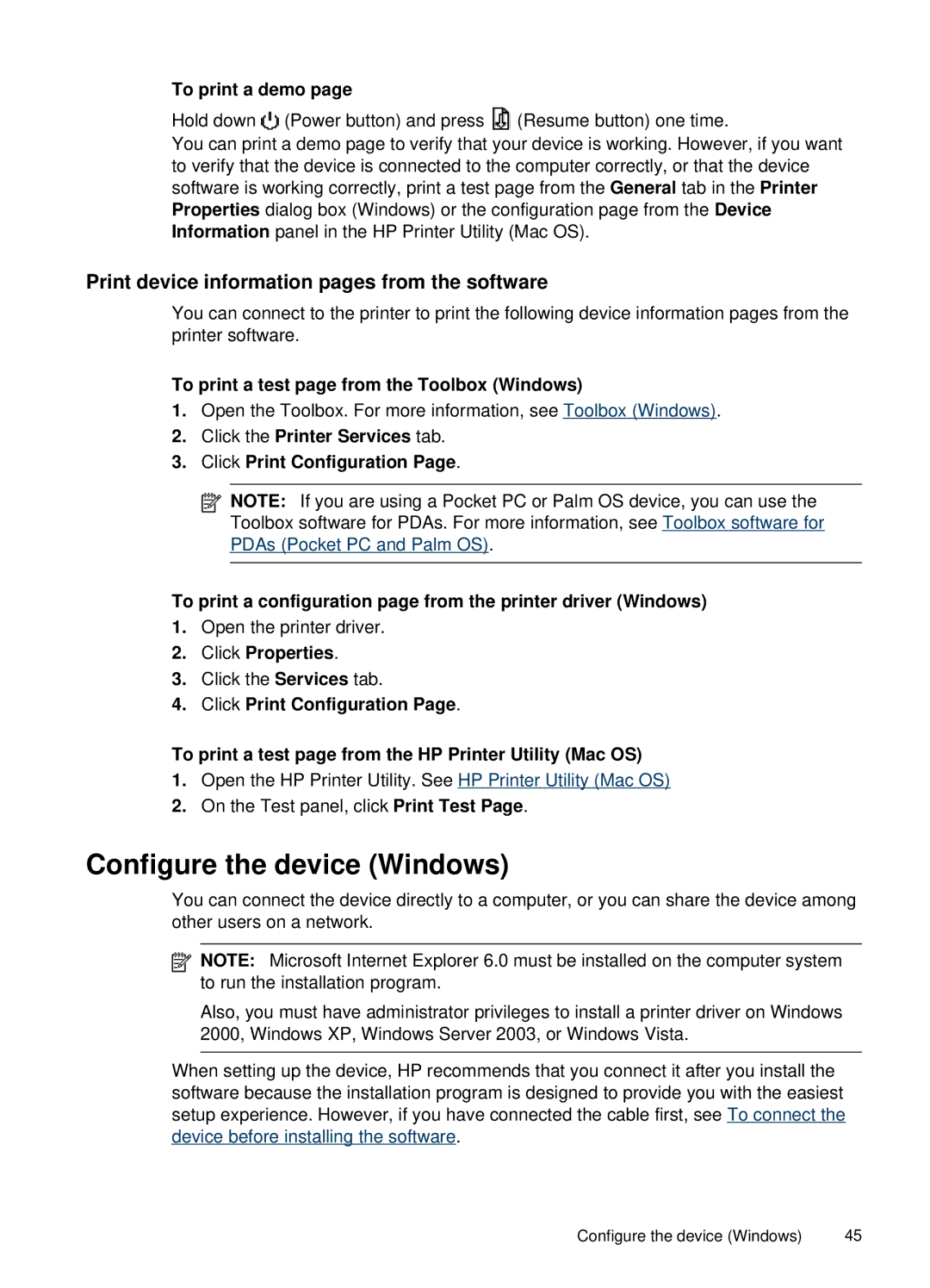 HP H470B Mobile Inkjet CB027A#B1H manual Configure the device Windows, Print device information pages from the software 