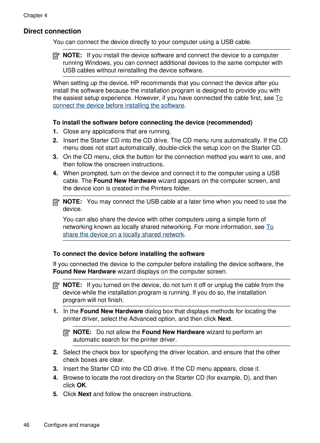 HP H470B Mobile Inkjet CB027A#B1H manual Direct connection, To connect the device before installing the software 