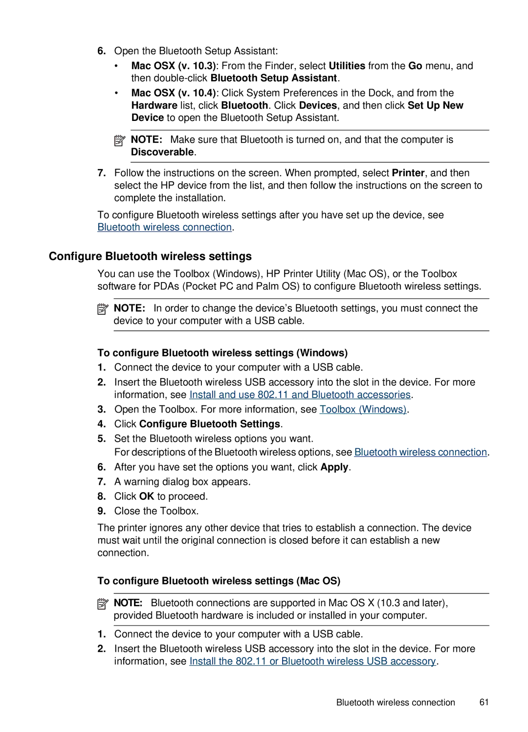 HP H470B Mobile Inkjet CB027A#B1H Configure Bluetooth wireless settings, To configure Bluetooth wireless settings Windows 