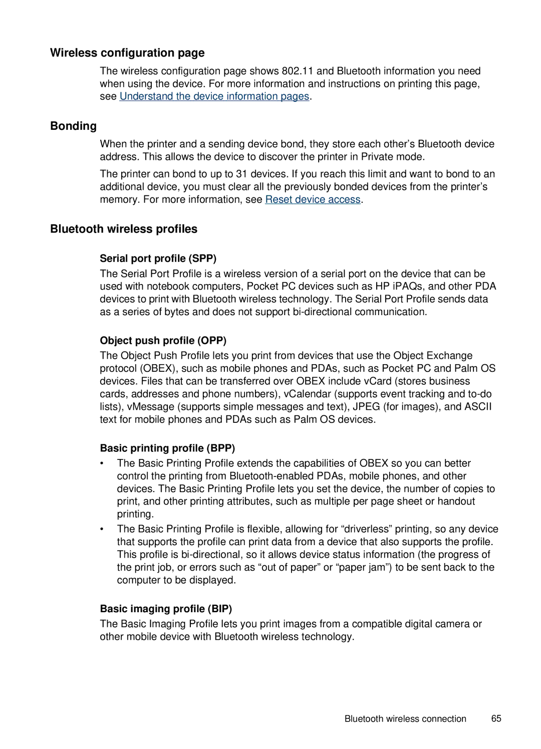 HP H470B Mobile Inkjet CB027A#B1H manual Wireless configuration, Bonding, Bluetooth wireless profiles 