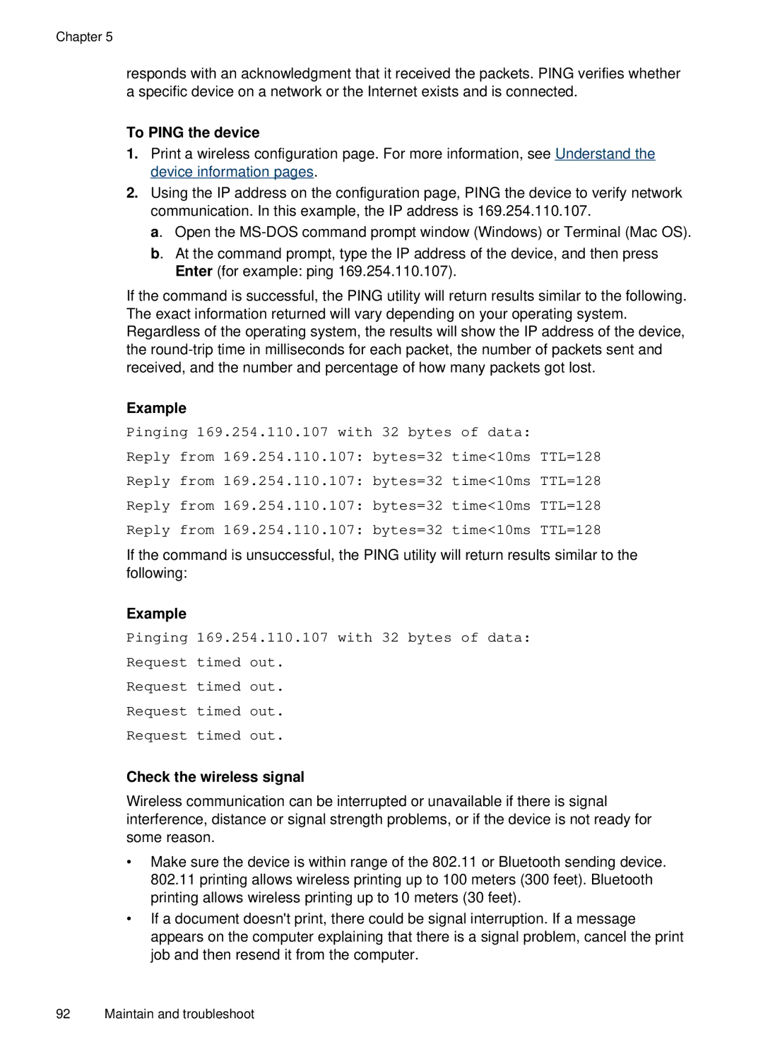 HP H470B Mobile Inkjet CB027A#B1H manual To Ping the device, Example, Check the wireless signal 