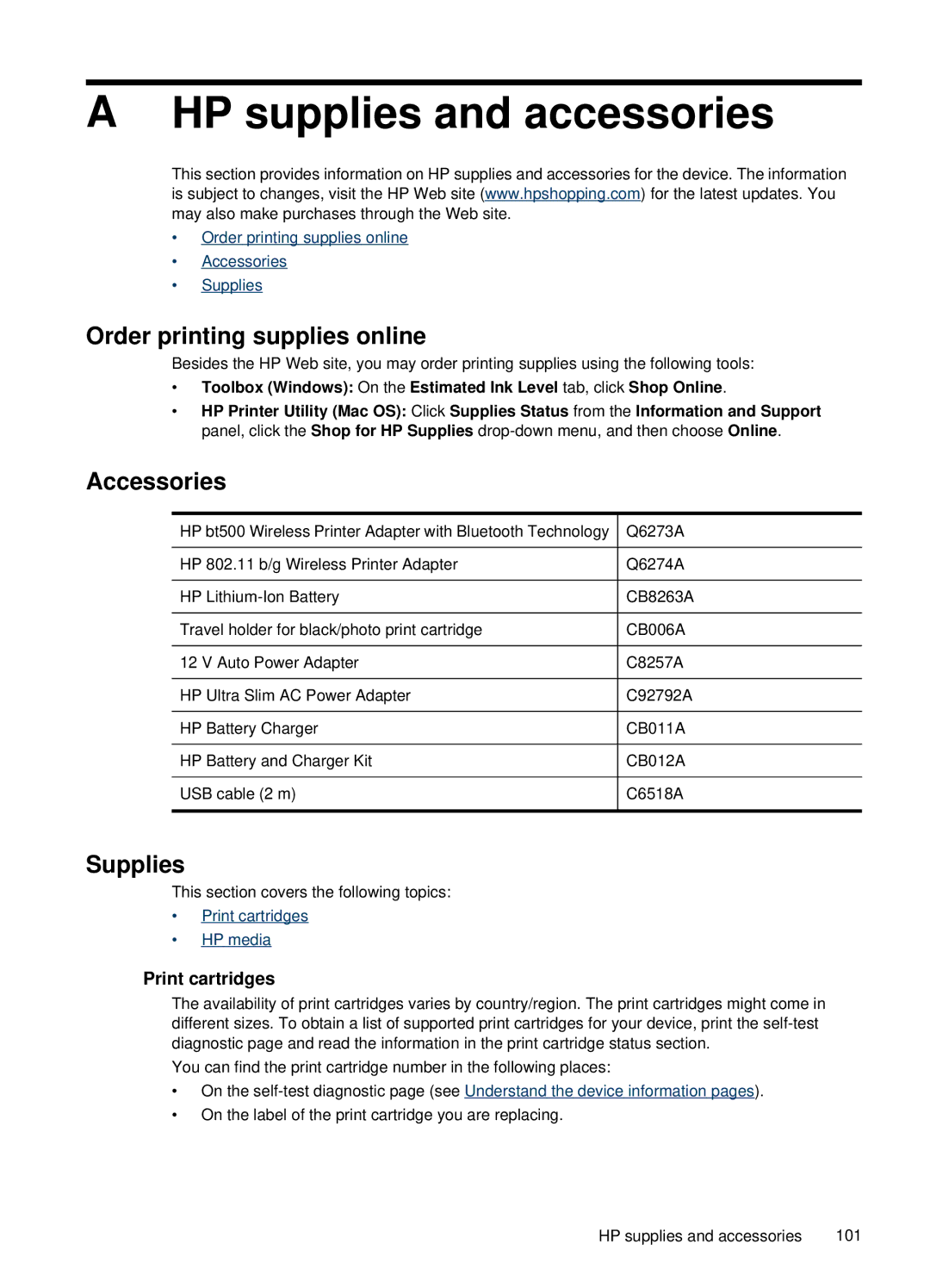 HP H470b manual HP supplies and accessories, Print cartridges 