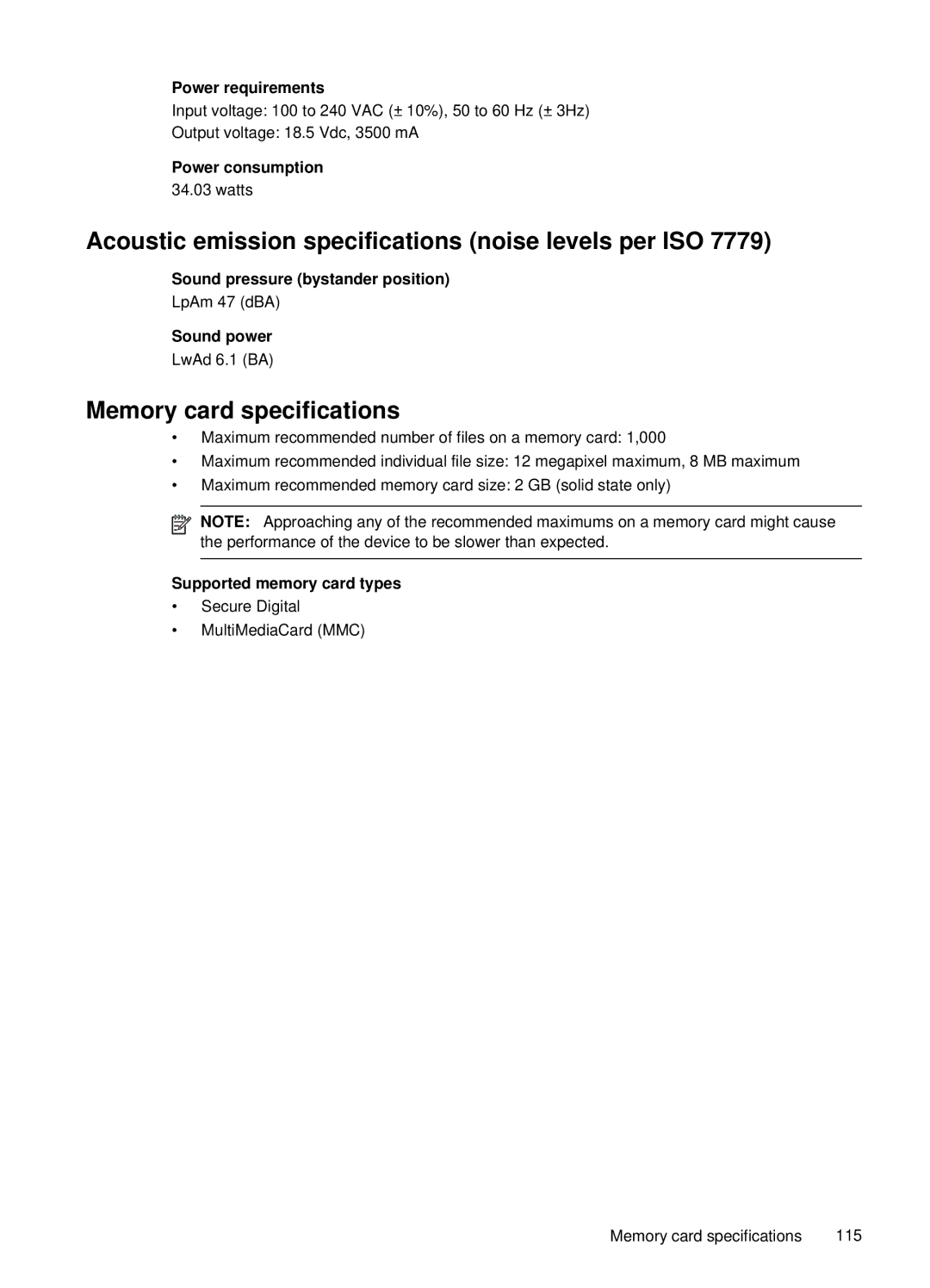 HP H470b manual Power requirements, Power consumption, Sound pressure bystander position, Sound power 