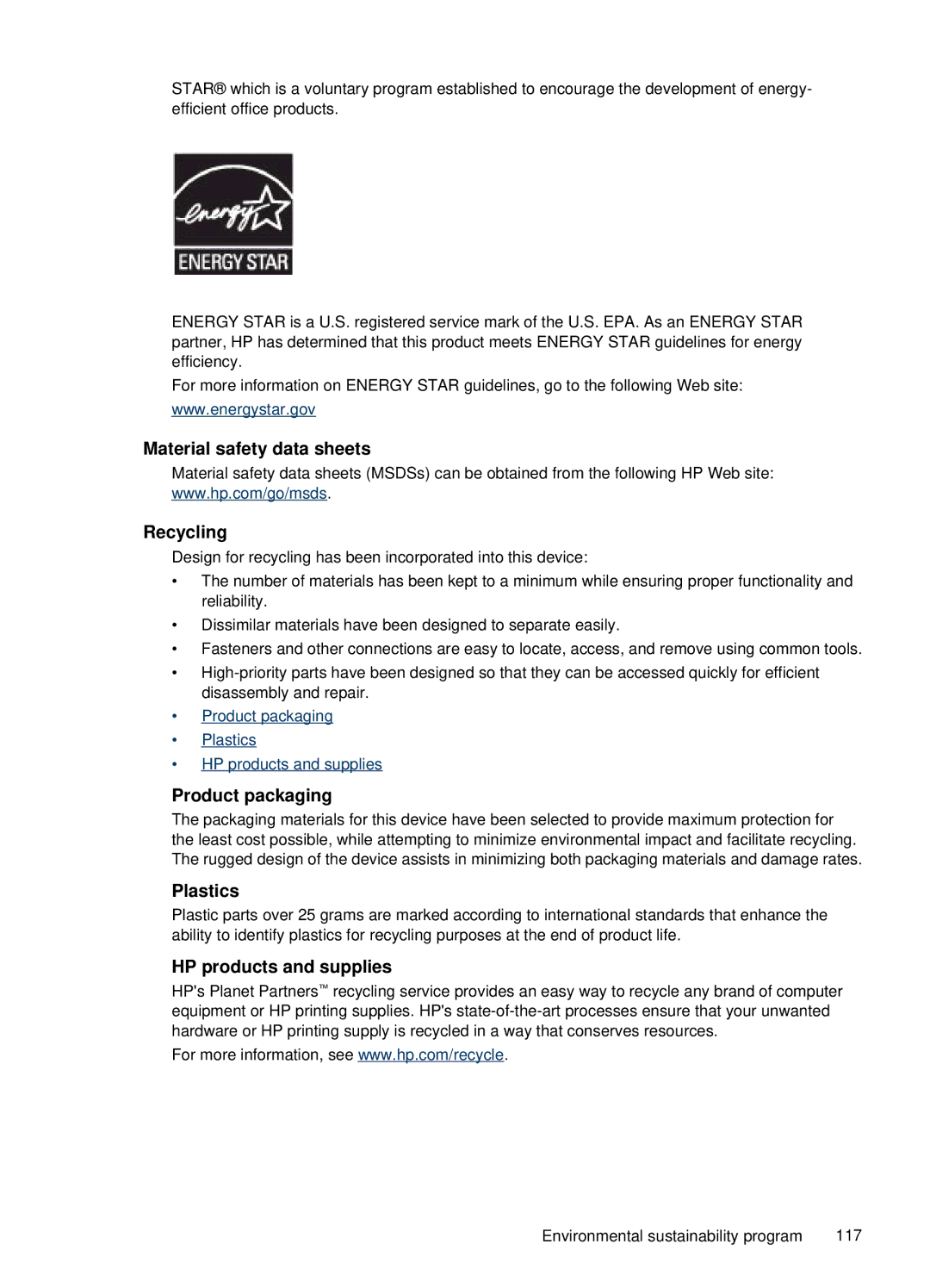 HP H470b manual Material safety data sheets Recycling, Product packaging, Plastics, HP products and supplies 