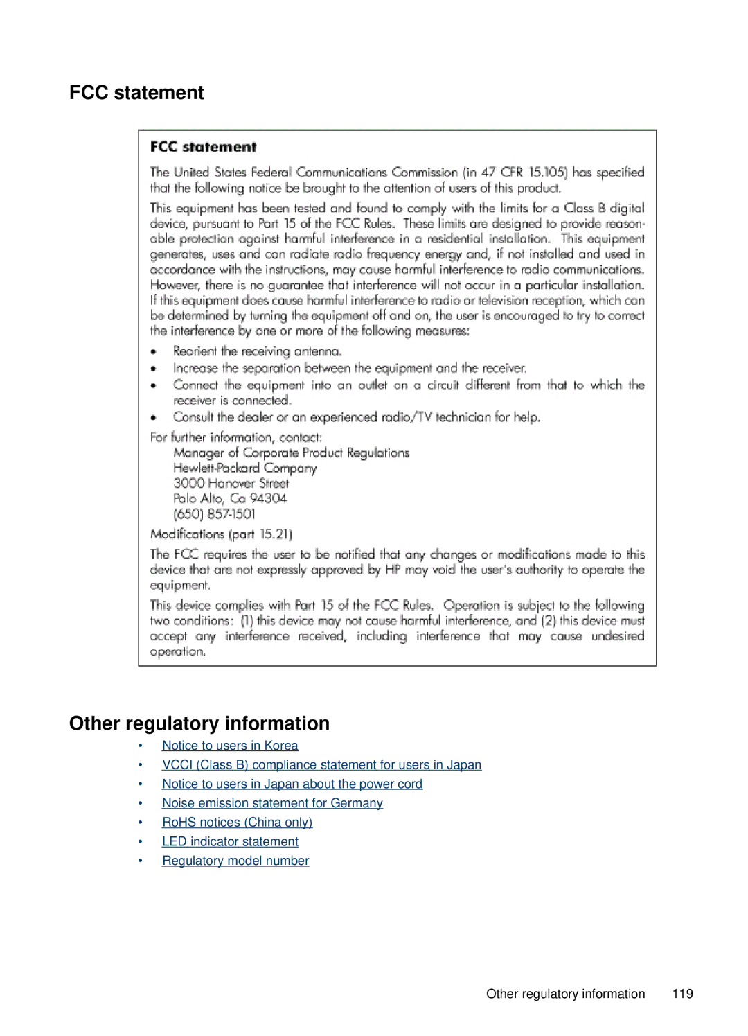 HP H470b manual FCC statement Other regulatory information 