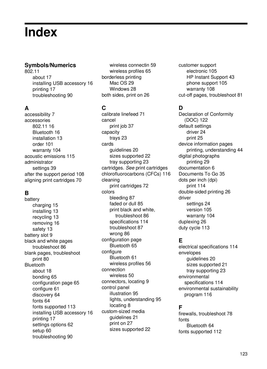 HP H470b manual Index, Symbols/Numerics 