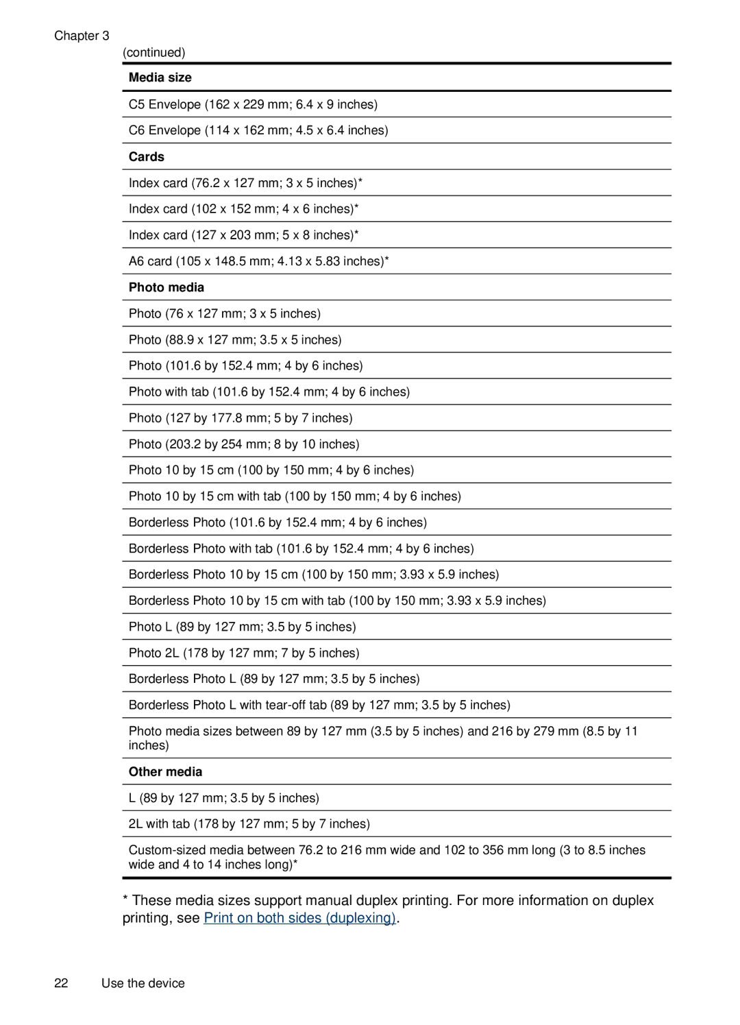 HP H470b manual Media size, Cards, Photo media, Other media 