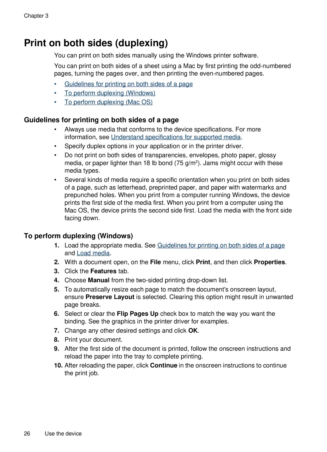 HP H470b manual Print on both sides duplexing, Guidelines for printing on both sides of a, To perform duplexing Windows 