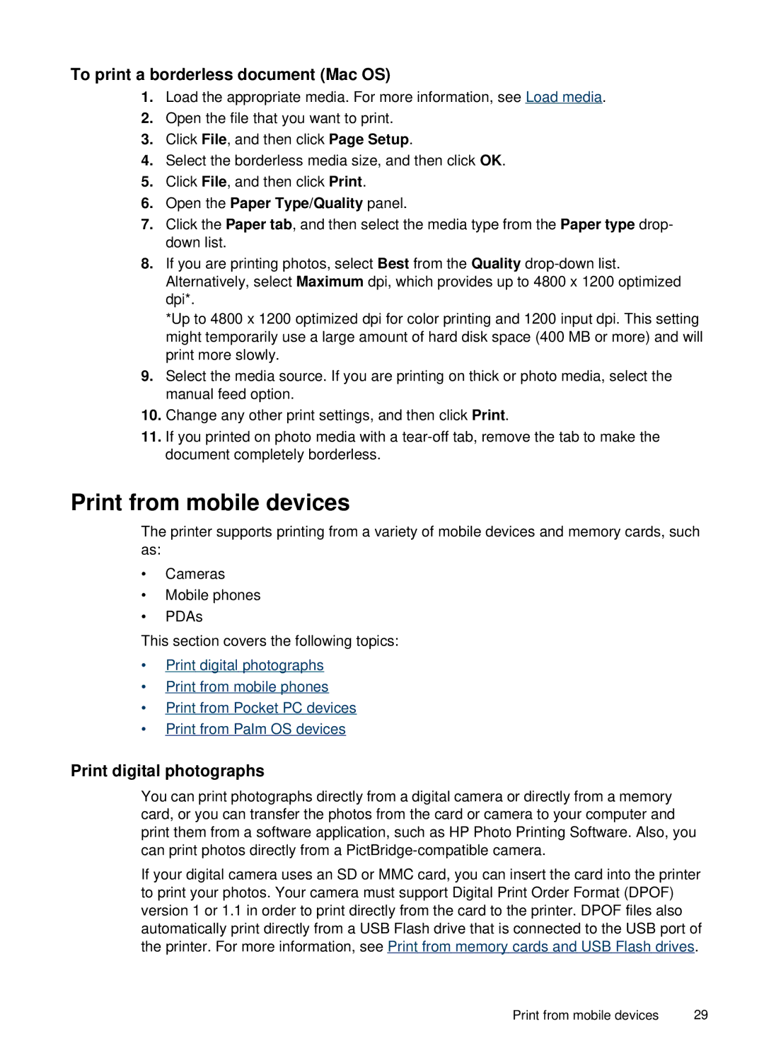 HP H470b manual Print from mobile devices, To print a borderless document Mac OS, Print digital photographs 