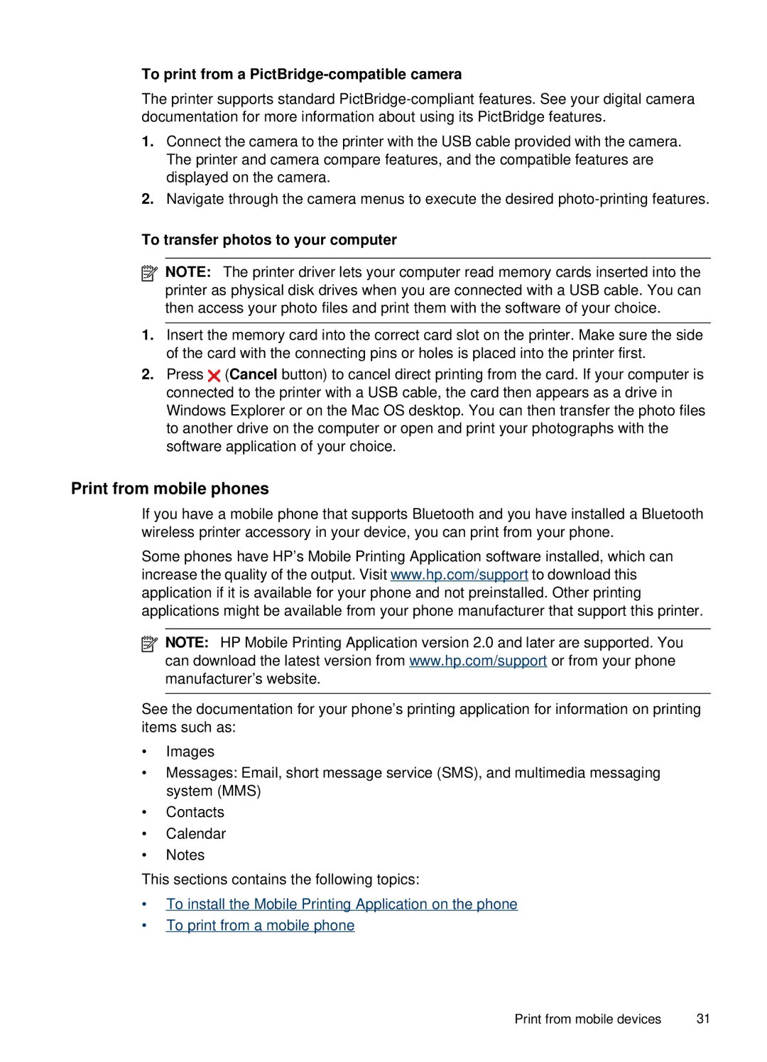 HP H470b manual Print from mobile phones, To print from a PictBridge-compatible camera, To transfer photos to your computer 