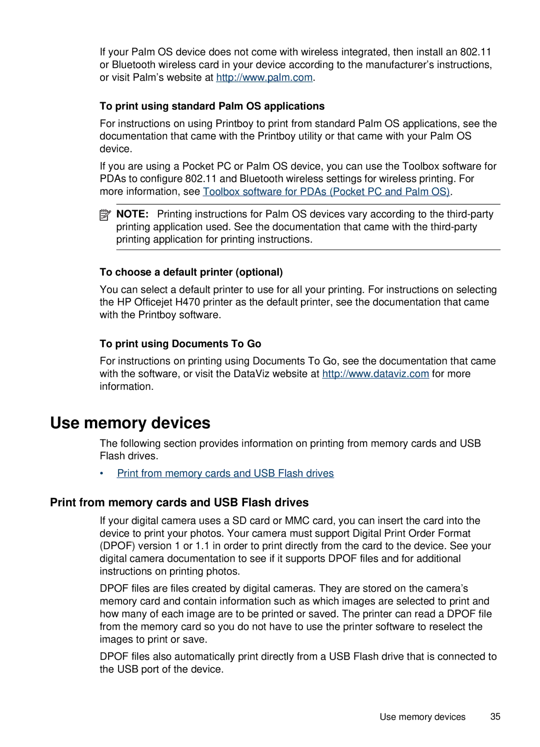 HP H470b Use memory devices, Print from memory cards and USB Flash drives, To print using standard Palm OS applications 