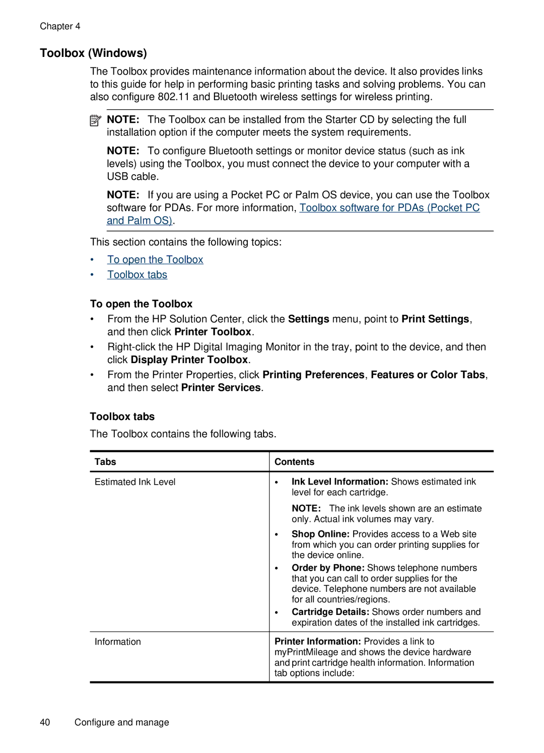 HP H470b manual Toolbox Windows, To open the Toolbox, Tabs Contents, Ink Level Information Shows estimated ink 