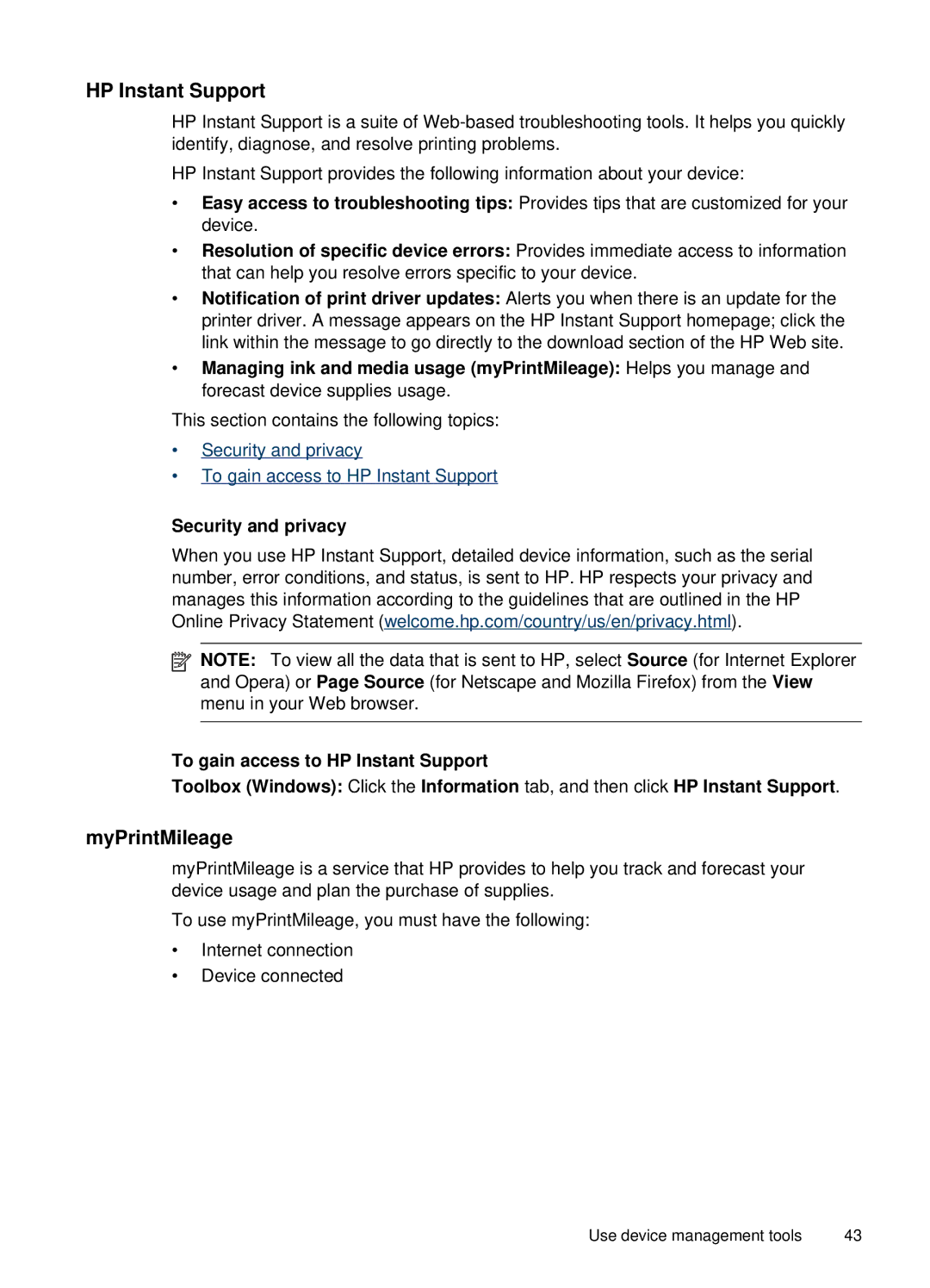 HP H470b manual HP Instant Support, MyPrintMileage 
