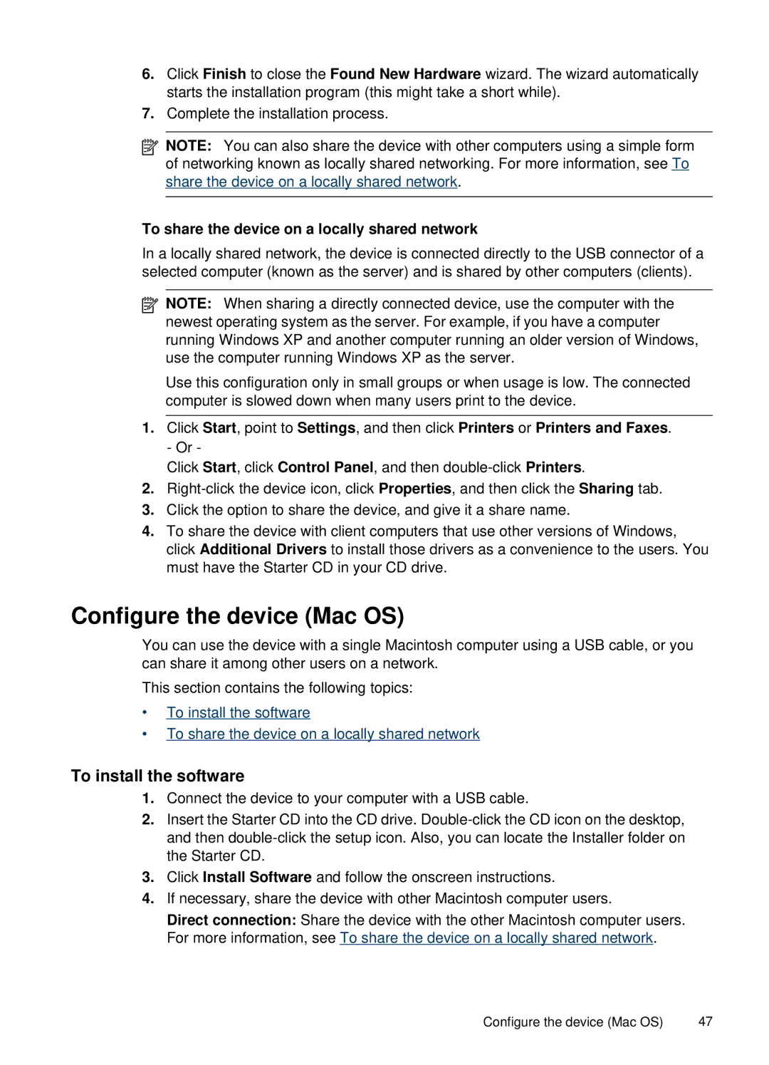 HP H470b manual Configure the device Mac OS, To install the software, To share the device on a locally shared network 