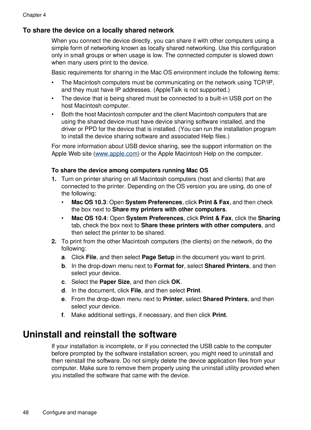 HP H470b manual Uninstall and reinstall the software, To share the device on a locally shared network 