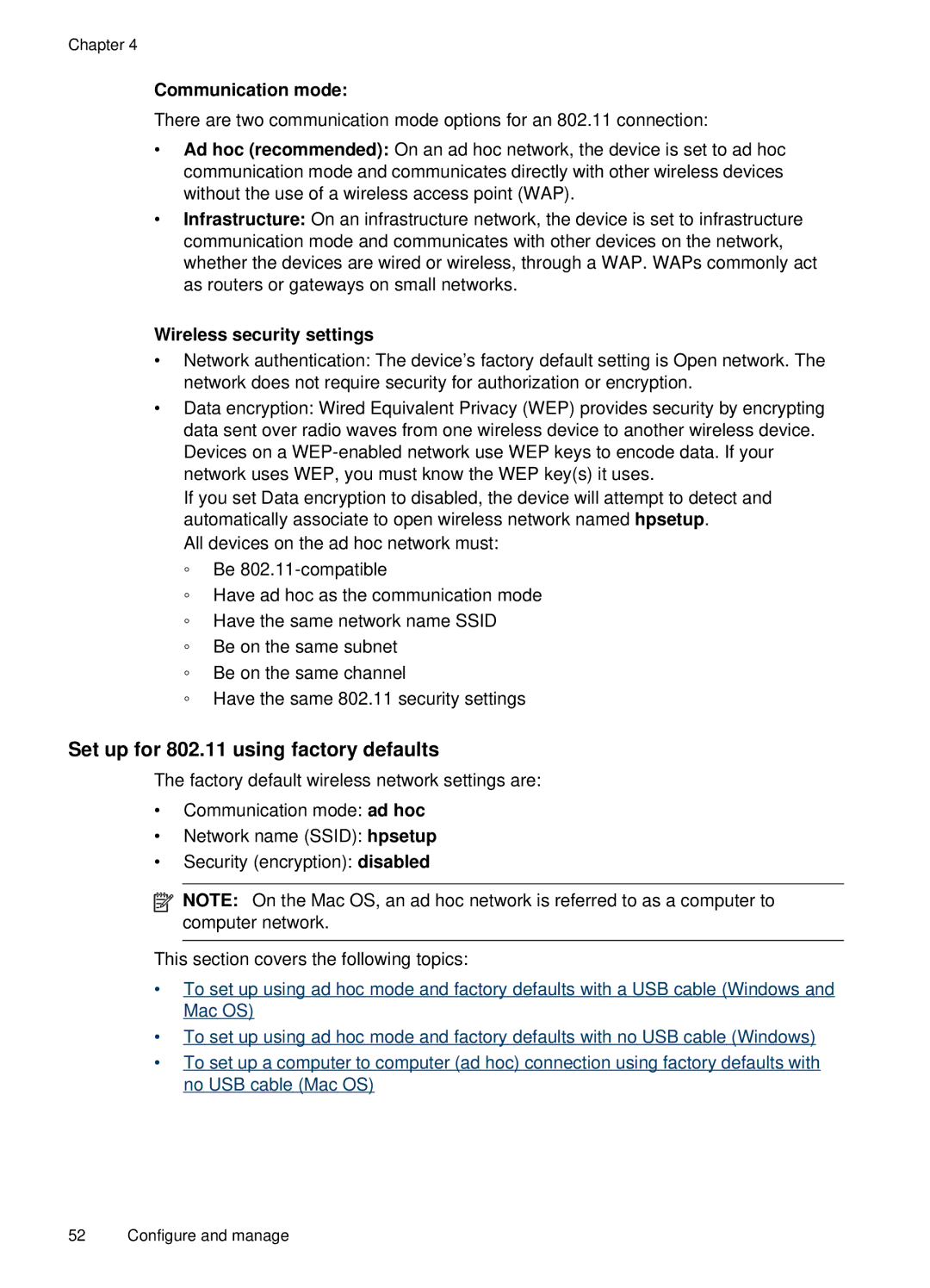 HP H470b manual Set up for 802.11 using factory defaults, Communication mode, Wireless security settings 