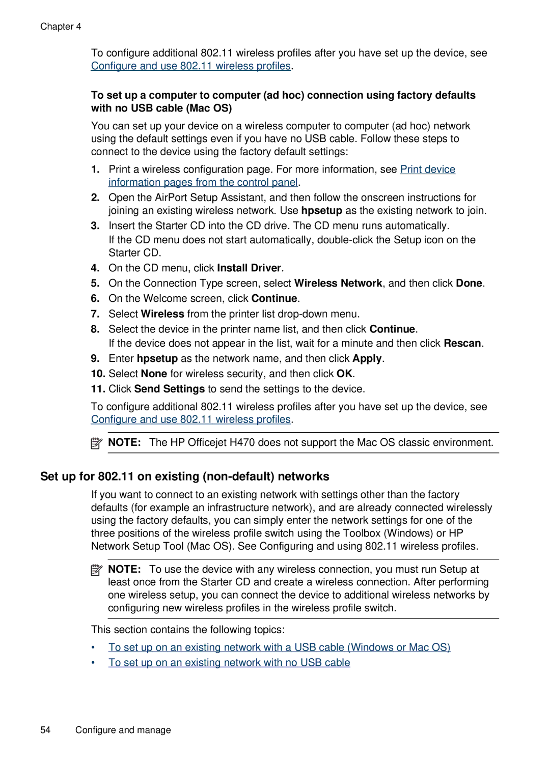 HP H470b manual Set up for 802.11 on existing non-default networks 