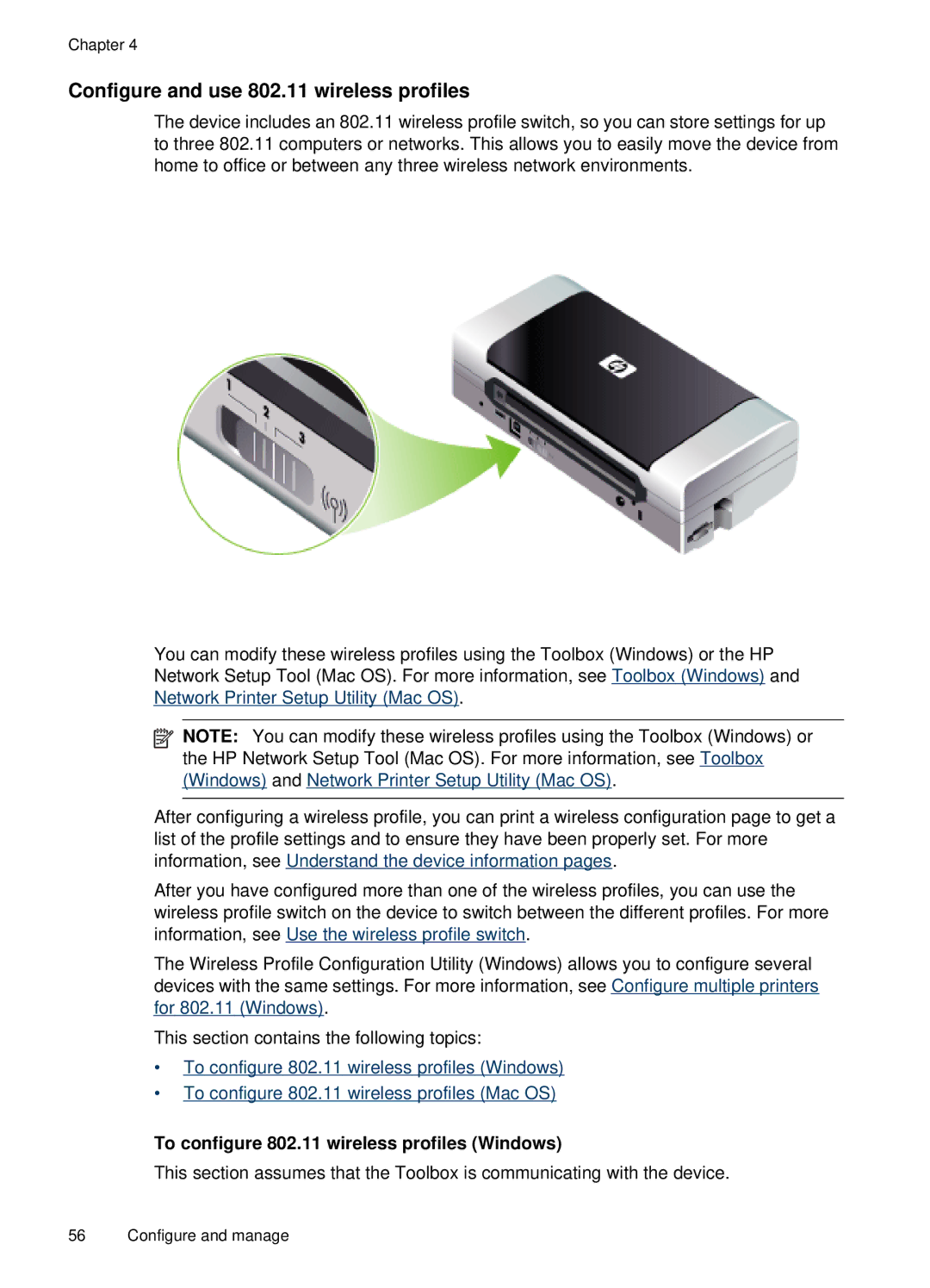 HP H470b manual Configure and use 802.11 wireless profiles, To configure 802.11 wireless profiles Windows 