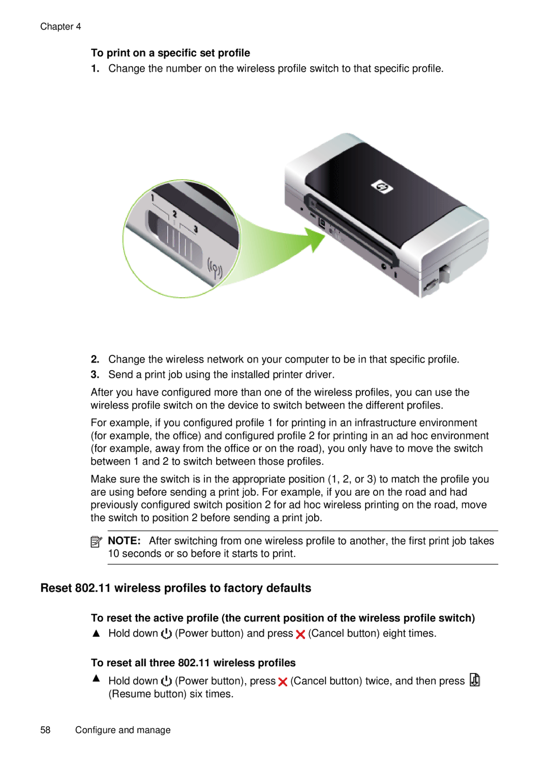 HP H470b manual Reset 802.11 wireless profiles to factory defaults, To print on a specific set profile 