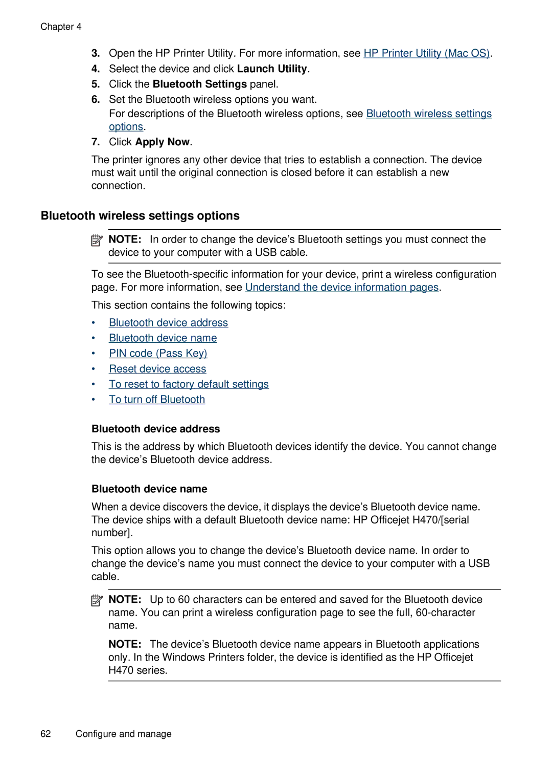 HP H470b Bluetooth wireless settings options, Click the Bluetooth Settings panel, Click Apply Now, Bluetooth device name 