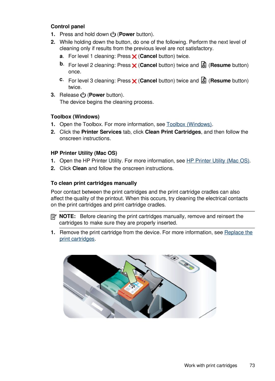 HP H470b Control panel, Toolbox Windows, HP Printer Utility Mac OS, To clean print cartridges manually 